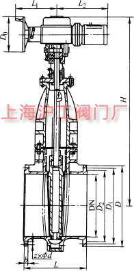 Z945T、Z945W 型 PN6、PN10 型鑄鐵電動(dòng)暗桿楔式閘閥主要外形及結(jié)構(gòu)尺寸示意圖